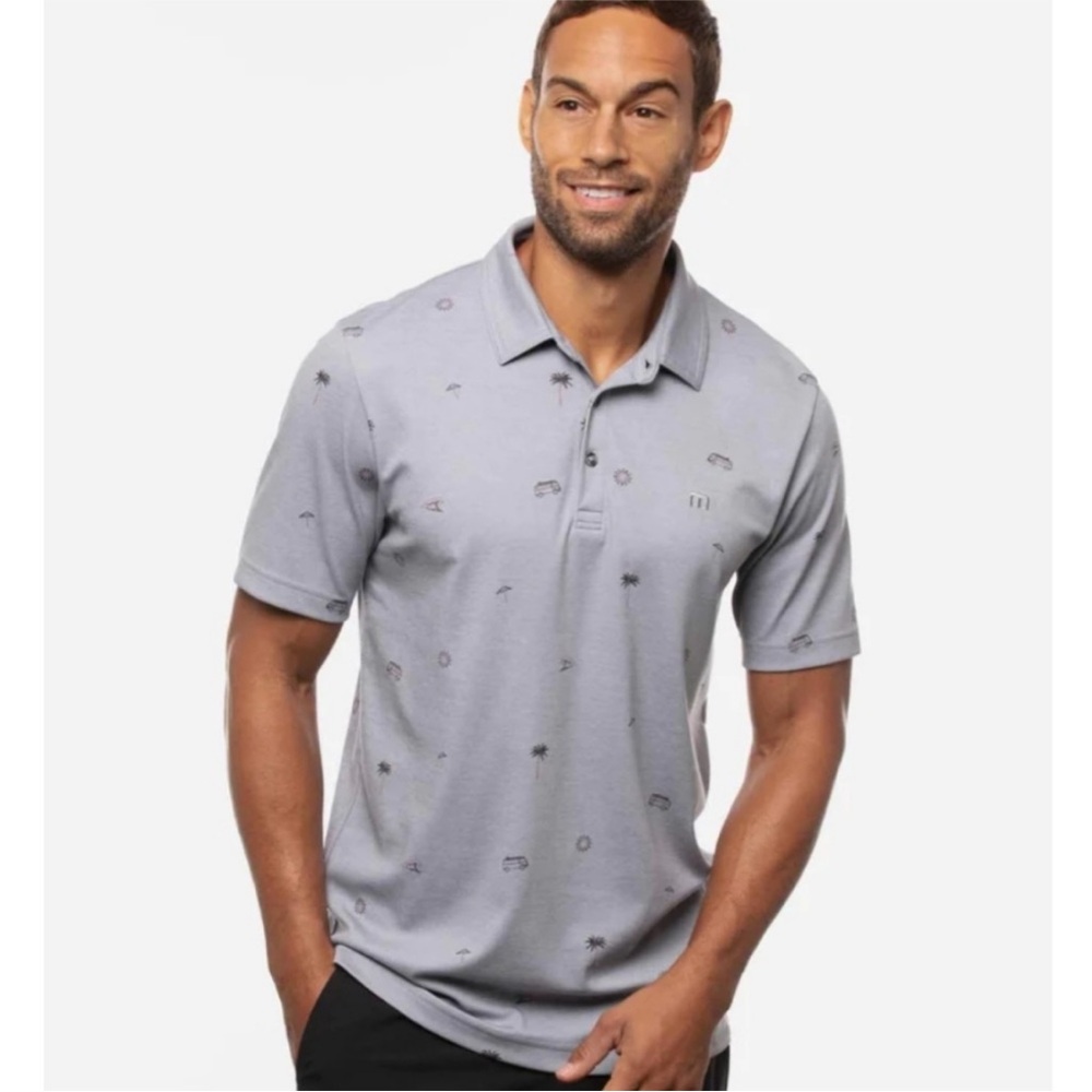 Travis Mathew Drive Down Mens Polo Shirt Large Palm Tree Van Print Short Sleeves